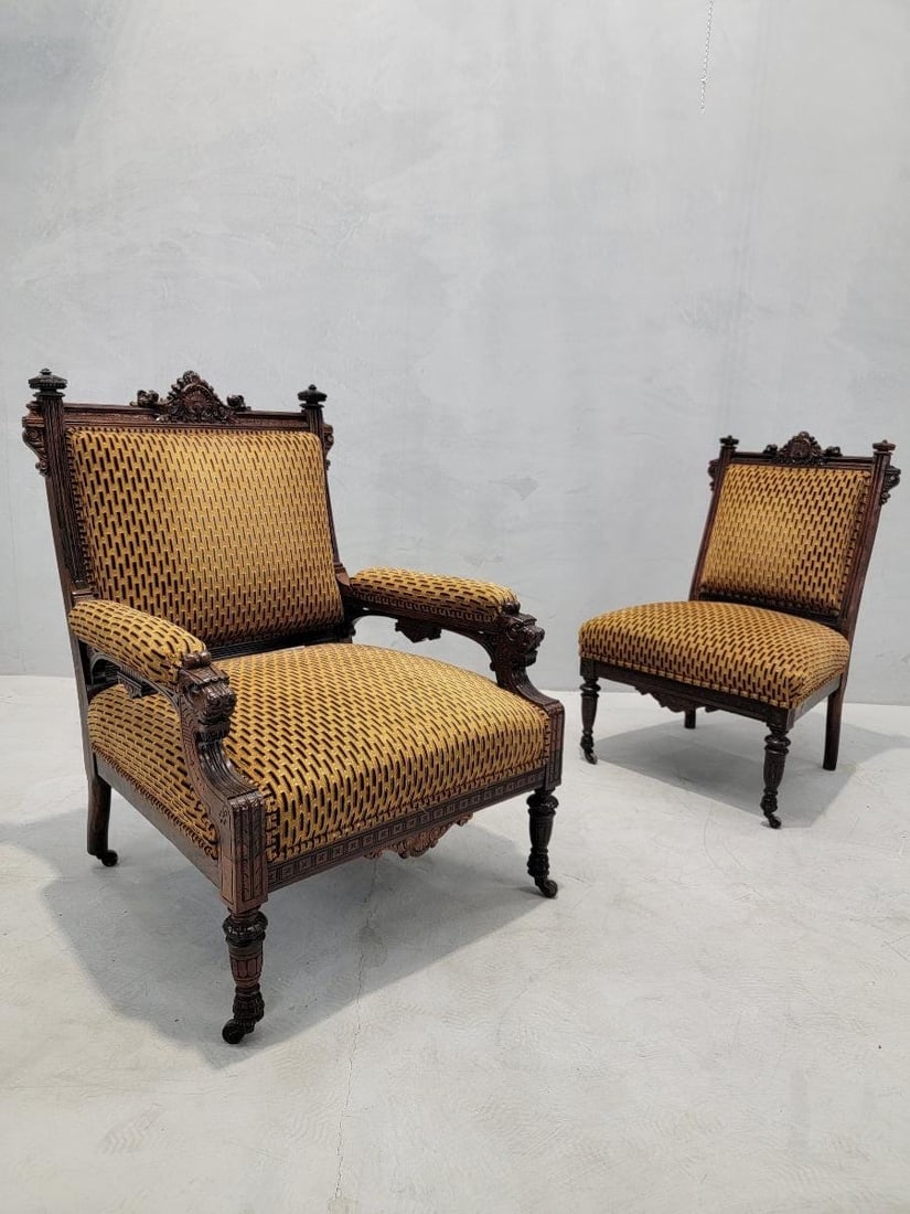 Antique Renaissance Revival Figural Carved Framed Parlor Chairs Reupholstered - Set of 2 - 2