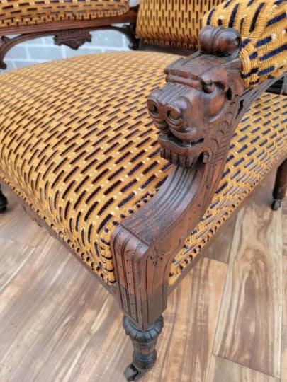 Antique Renaissance Revival Figural Carved Framed Parlor Chairs Reupholstered - Set of 2 - 6