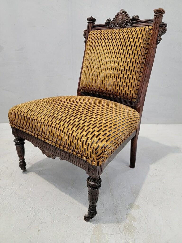 Antique Renaissance Revival Figural Carved Framed Parlor Chairs Reupholstered - Set of 2 - 7