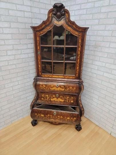 Antique Rare Dutch Walnut Inlaid Marquetry Corner Display Cabinet (1 of 10)