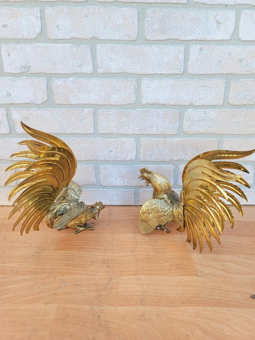 Vintage Fighting Roosters, Book Ends, Sculptural Pieces - Set of 2 - 3