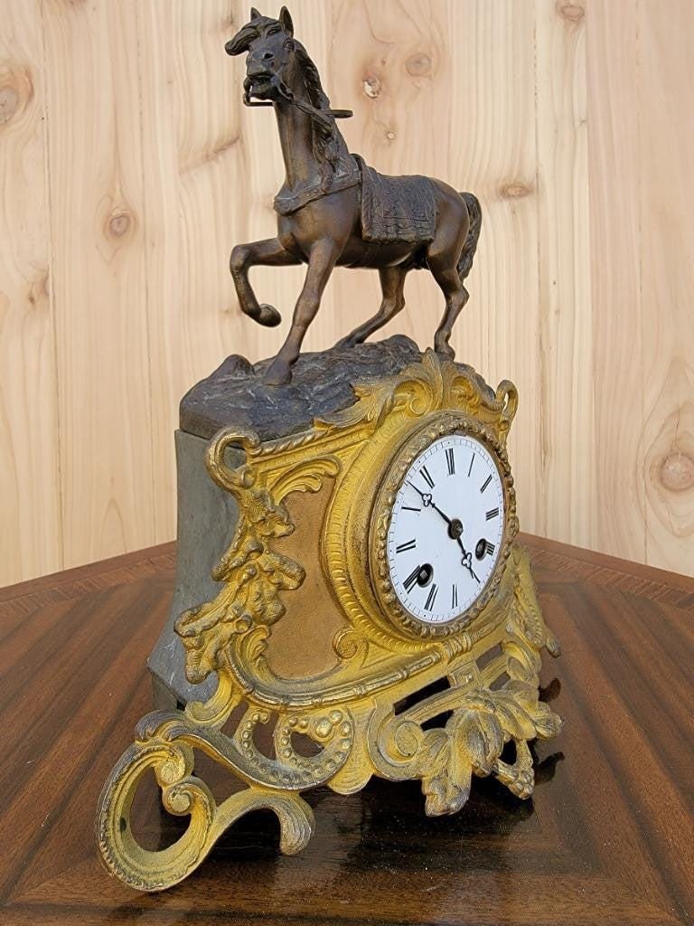 Antique French Neoclassical Bronze Horse Topped Mantel Clock - 4