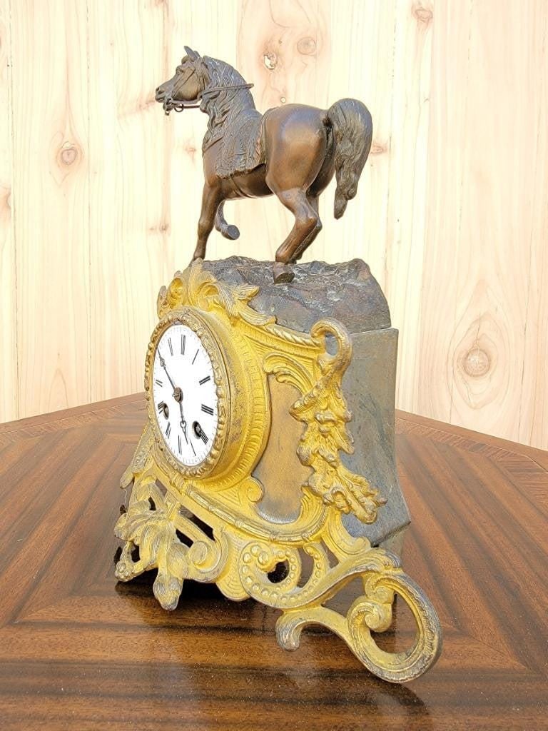 Antique French Neoclassical Bronze Horse Topped Mantel Clock - 5
