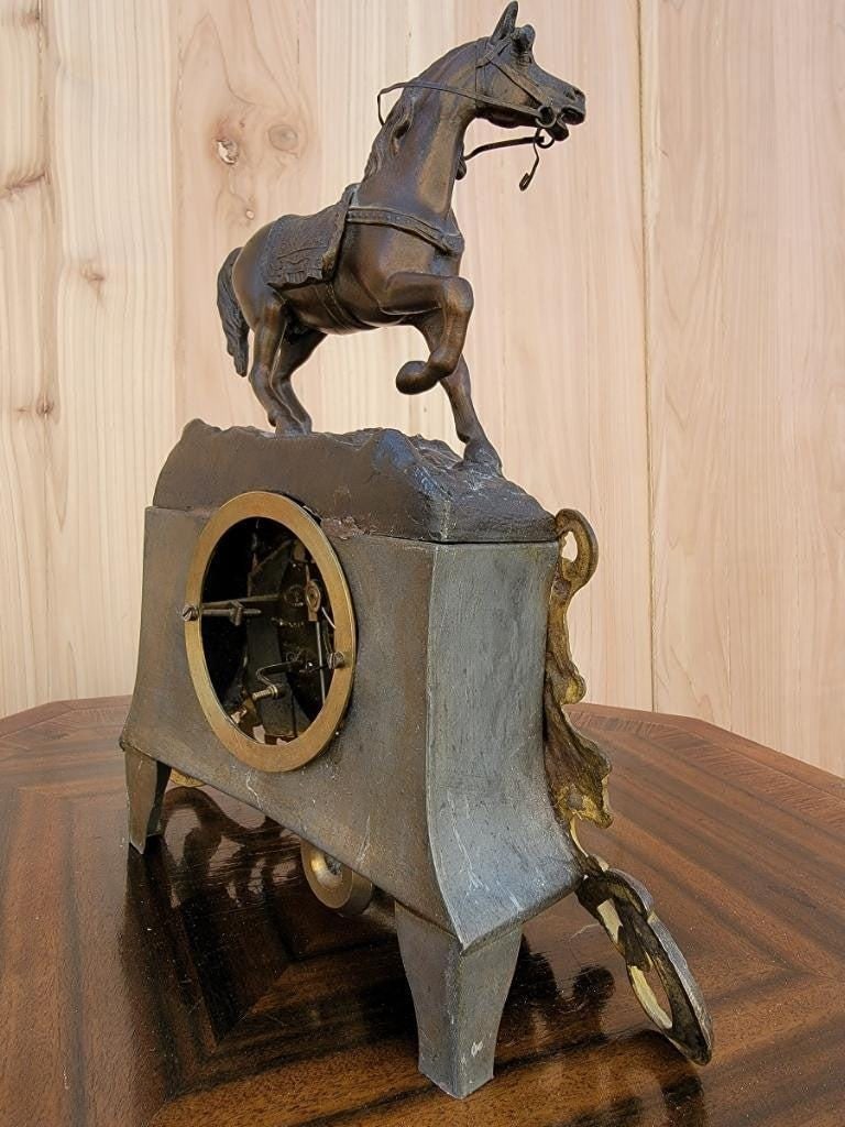 Antique French Neoclassical Bronze Horse Topped Mantel Clock - 7