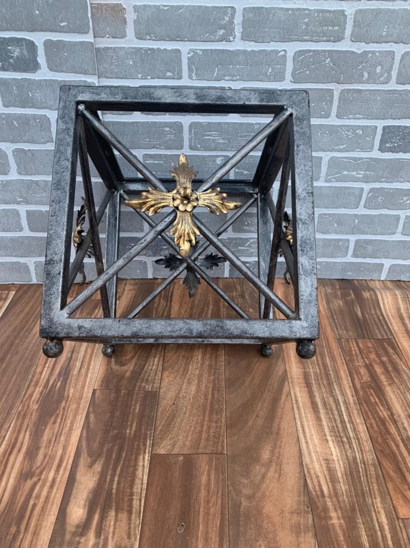 Vintage Forged Wrought Iron Side Tables with Gilded Leaf Motif and Glass Tops - Pair - 10