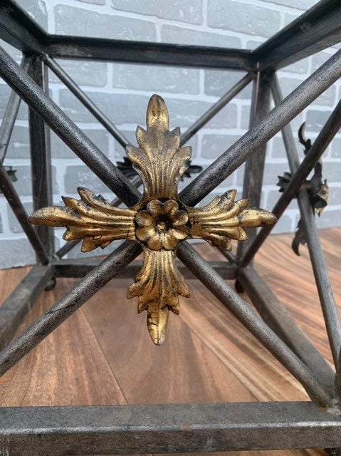 Vintage Forged Wrought Iron Side Tables with Gilded Leaf Motif and Glass Tops - Pair - 7