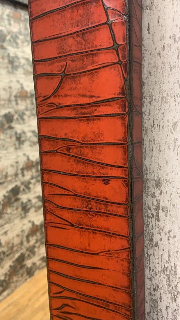 Vintage Shanxi Province Red Linen Wrapped Square Mirror - 4