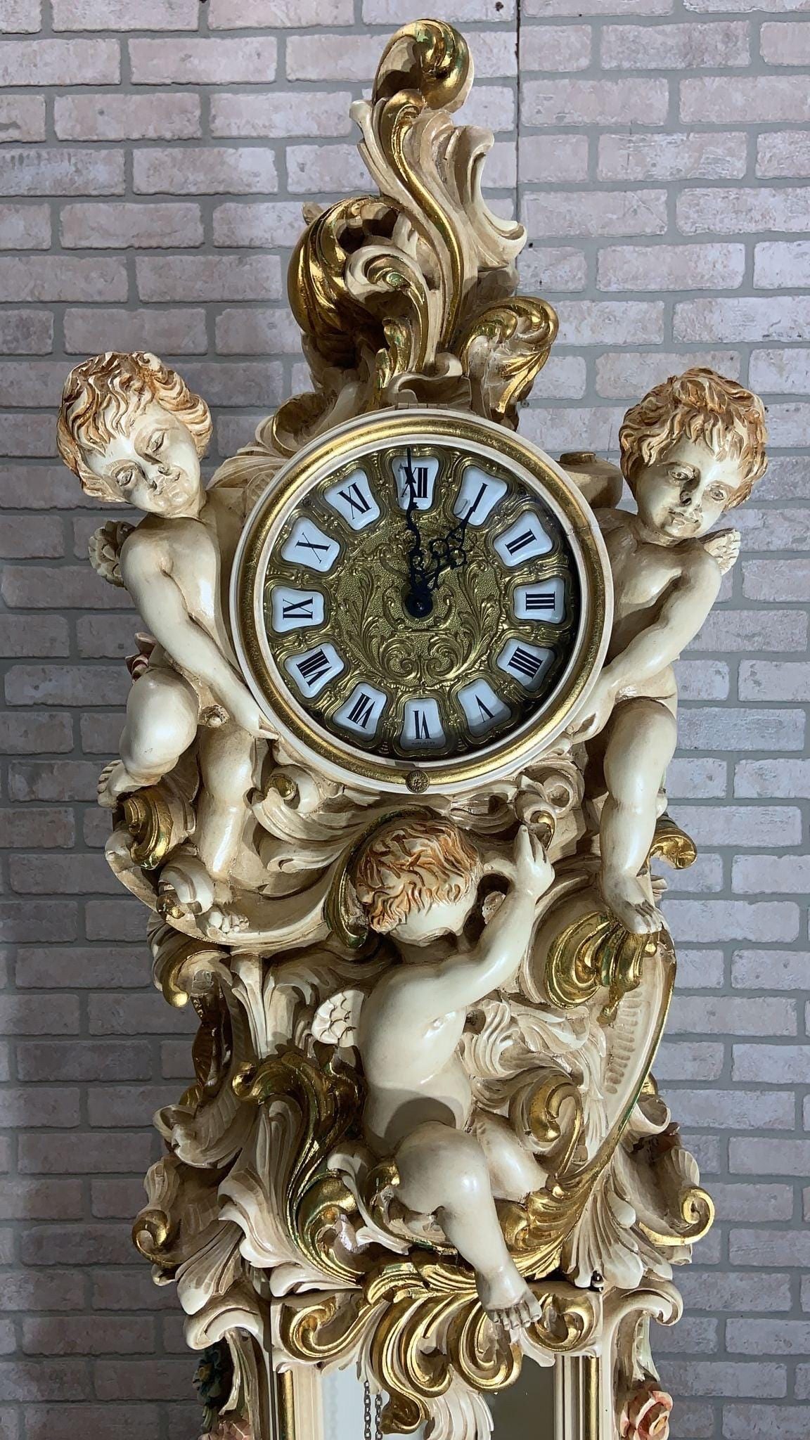 Vintage Italian Rococo Hand Carved and Painted Cherub/Angel Grandfathers Clock - 4