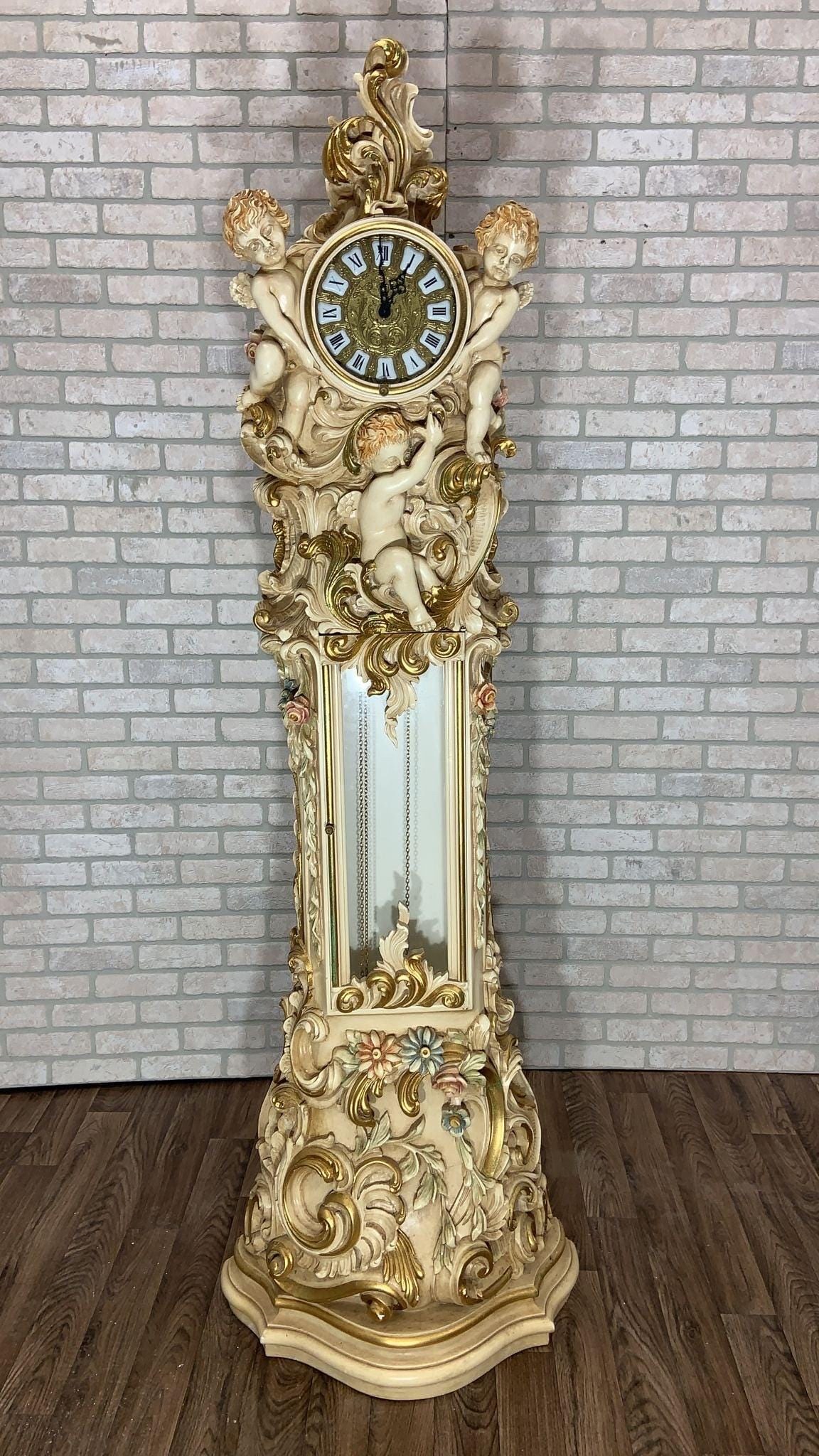 Vintage Italian Rococo Hand Carved and Painted Cherub/Angel Grandfathers Clock - 6