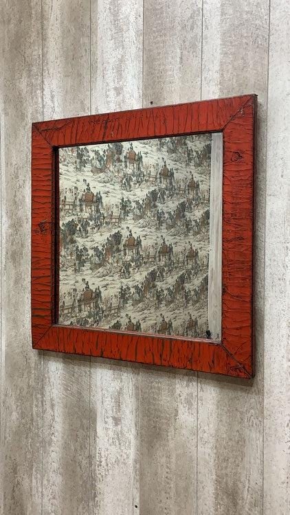 Vintage Chinese Red Linen Wrapped Wall Mirror: Title: Vintage Chinese Red Linen Wrapped Wall Mirror Description: Width: 35 inches Height: 35 inches Depth: 1 inches Vintage Chinese Red Linen Wrapped Square Mirror This vintage Chinese red linen