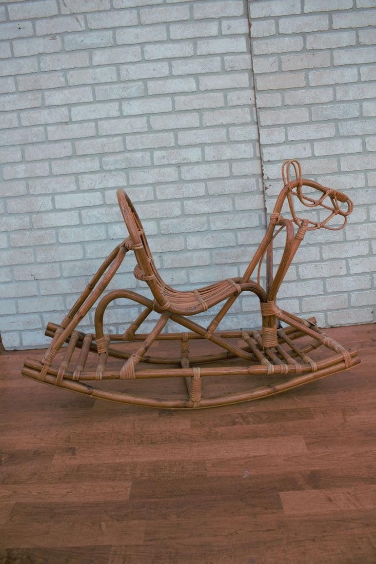 Mid Century Modern Italian Bamboo and Rattan Rocking Horse Attributed to Albini - 3