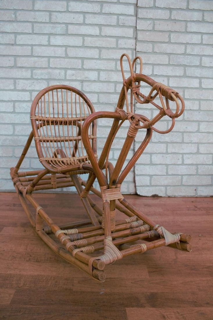 Mid Century Modern Italian Bamboo and Rattan Rocking Horse Attributed to Albini - 4