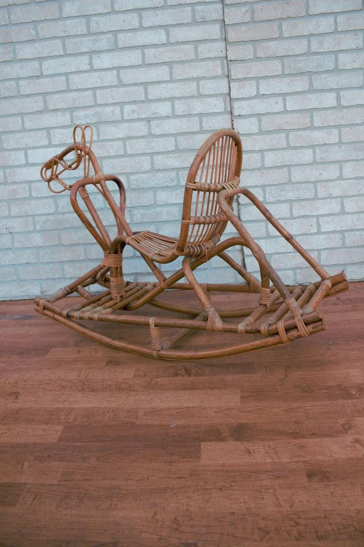 Mid Century Modern Italian Bamboo and Rattan Rocking Horse Attributed to Albini - 6