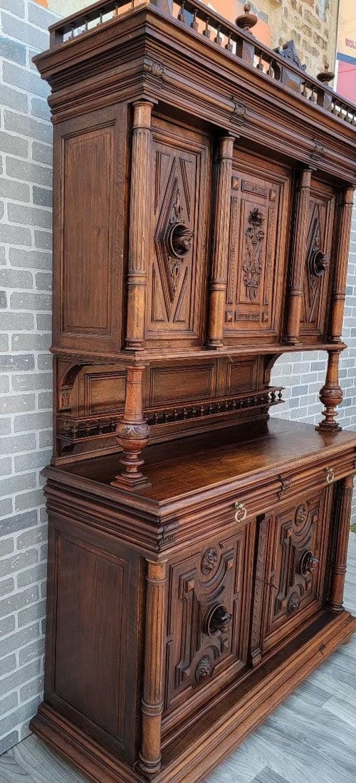 Antique French Gothic Figural Carved Walnut Chateau Buffet Sideboard Cabinet - 3
