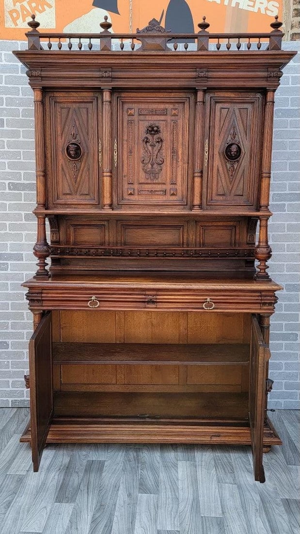 Antique French Gothic Figural Carved Walnut Chateau Buffet Sideboard Cabinet - 8