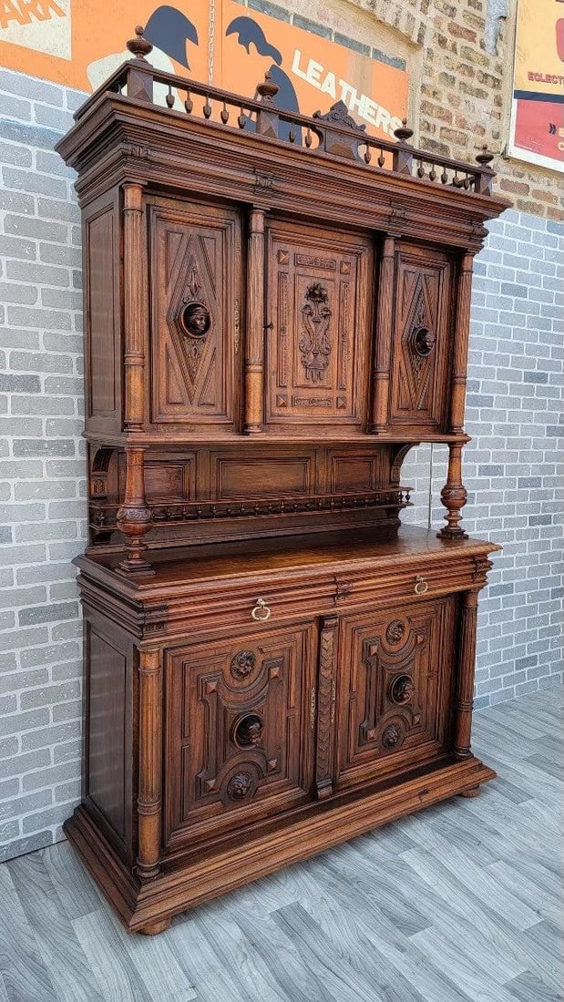 Antique French Gothic Figural Carved Walnut Chateau Buffet Sideboard Cabinet - 9