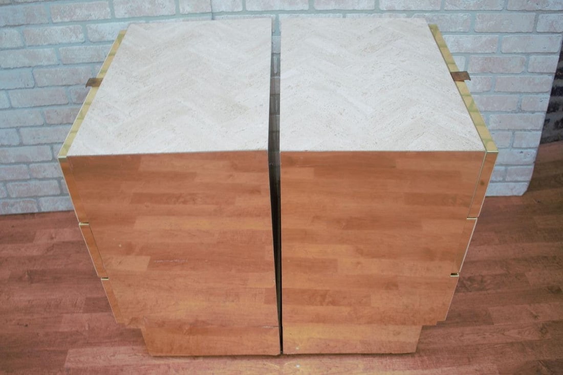 Hollywood Regency Ello Brass and Italian Travertine Chest of Drawers - Pair - 8