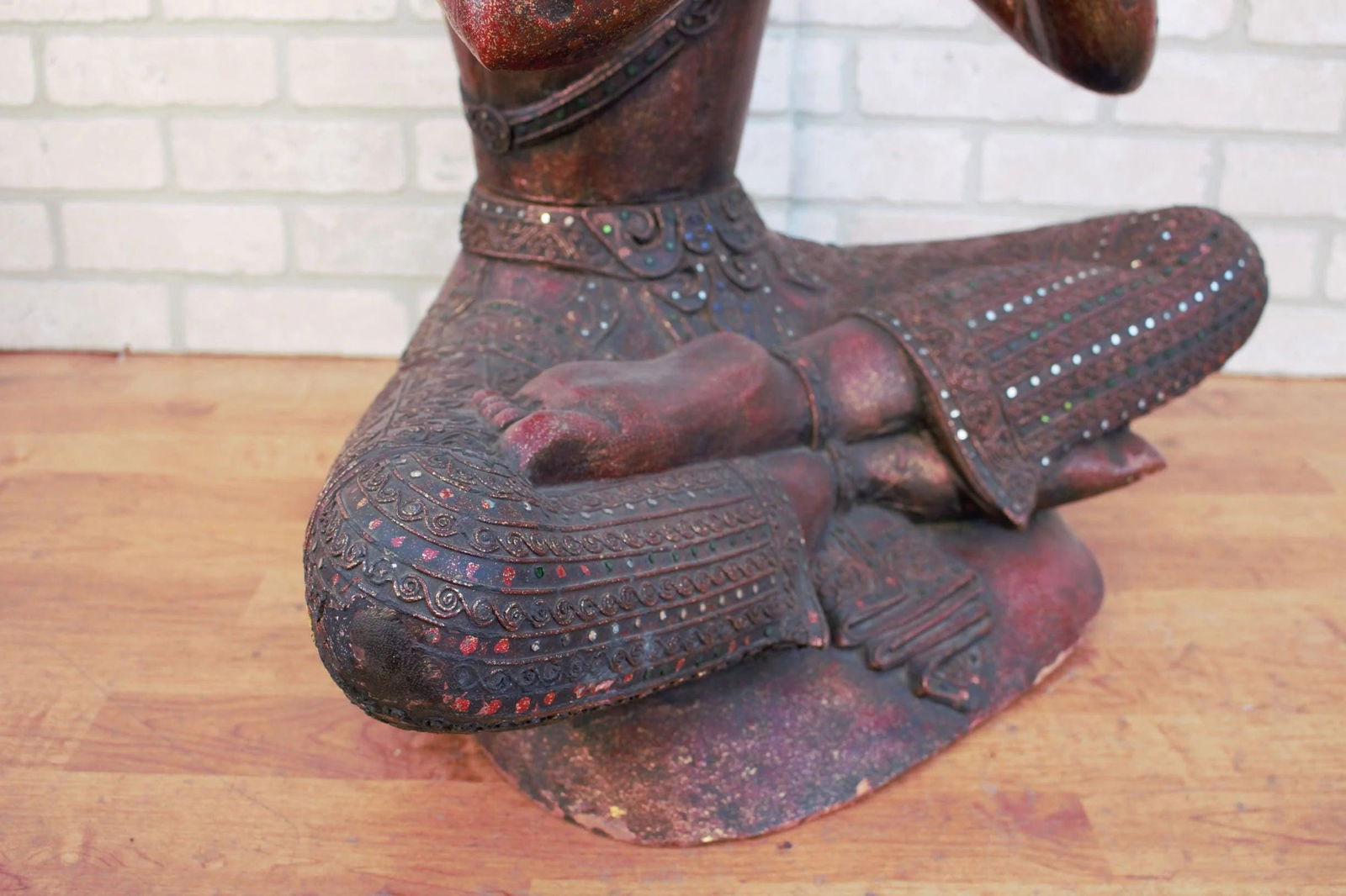 Antique Thai Carved Seated Buddha Playing a Flute - 10