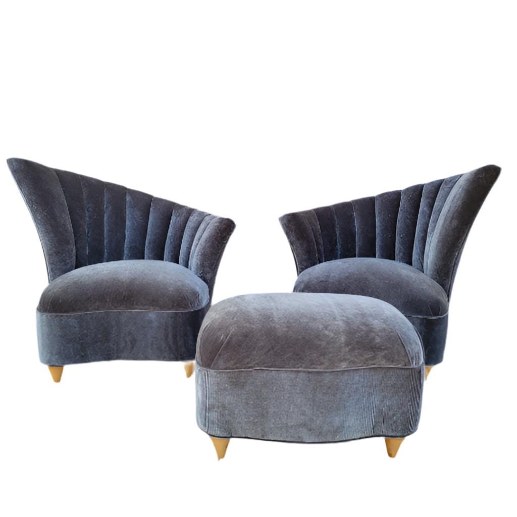 Art Deco Asymmetrical Channel Fan Back Lounge Chairs and Ottoman Newly Reupholstered - 3 Piece Set (1 of 10)