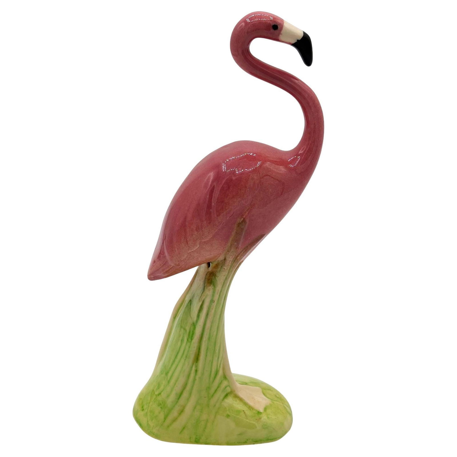 Mid-century Ceramic Curious Watcher Pink Flamingo Tabletop Statue by Metlox: Title: Mid-century Ceramic Curious Watcher Pink Flamingo Tabletop Statue by Metlox Description: Mid-century pink and green "Curious Watcher" flamingo ceramic figurine made by the Metlox pottery compan