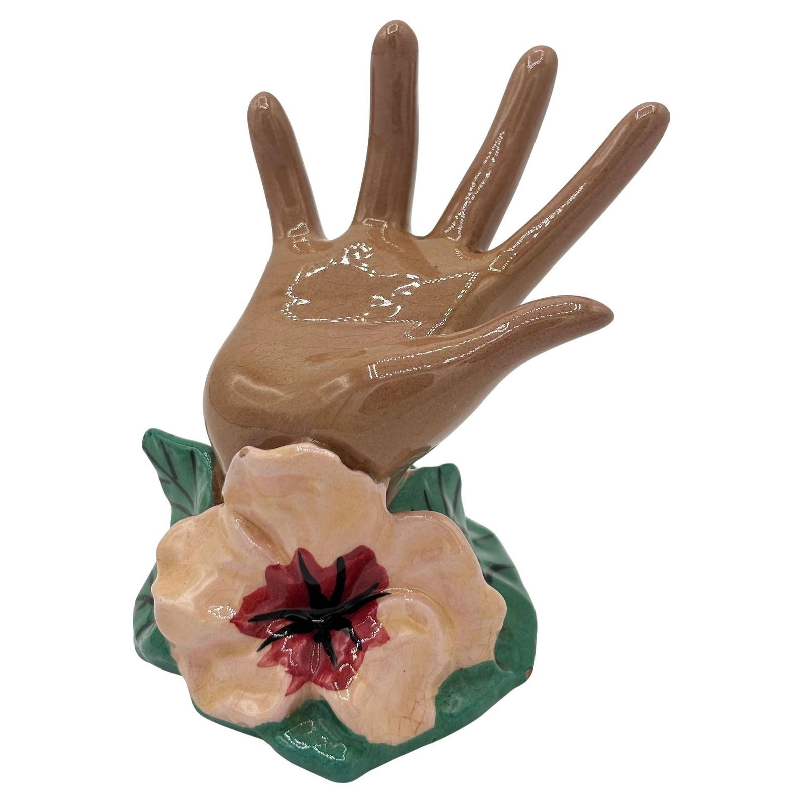 California Pottery Figural Hand w/ Magnolia Flower Ring Holder by Clemensons - 13