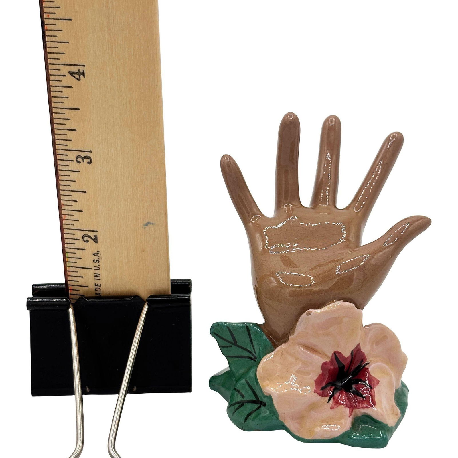 California Pottery Figural Hand w/ Magnolia Flower Ring Holder by Clemensons - 18