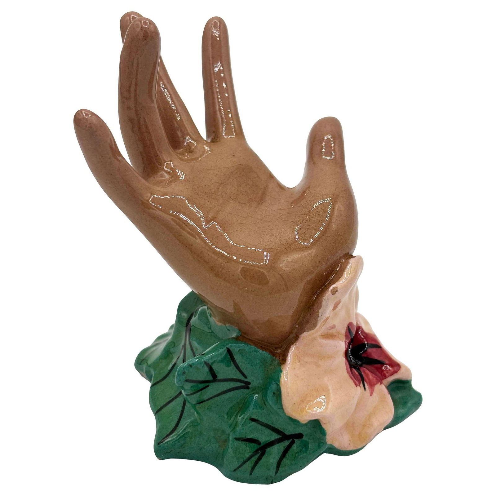 California Pottery Figural Hand w/ Magnolia Flower Ring Holder by Clemensons - 8