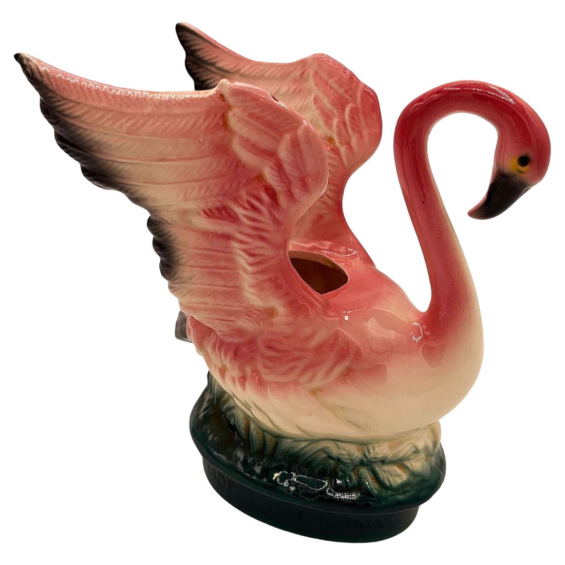 Mid-century California Pottery Ceramic Pink Flamingo Table Planter w/ Dark Base: Title: Mid-century California Pottery Ceramic Pink Flamingo Table Planter w/ Dark Base Description: Mid-century pink and green California Pottery ceramic open-wing flamingo tabletop planter. The