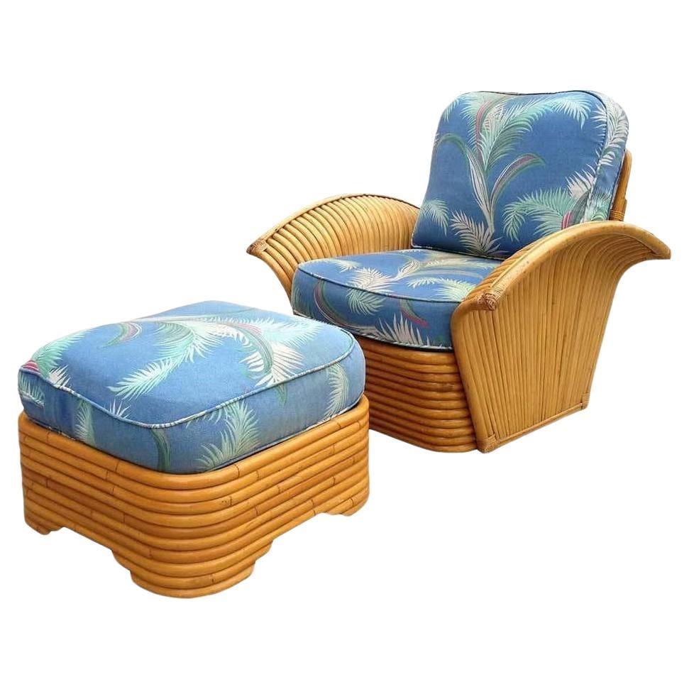 Restored Art Deco Rattan Fan Arm Lounge Chair with Ottoman - 7