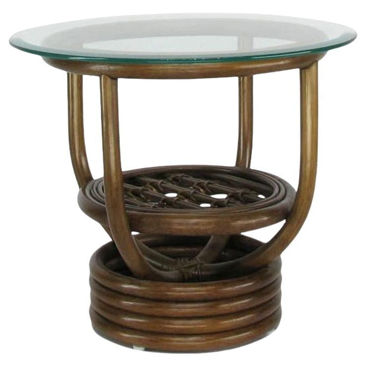 Modernist Glass Top Rattan "Kauai" Side Table With Stacked Base - 2
