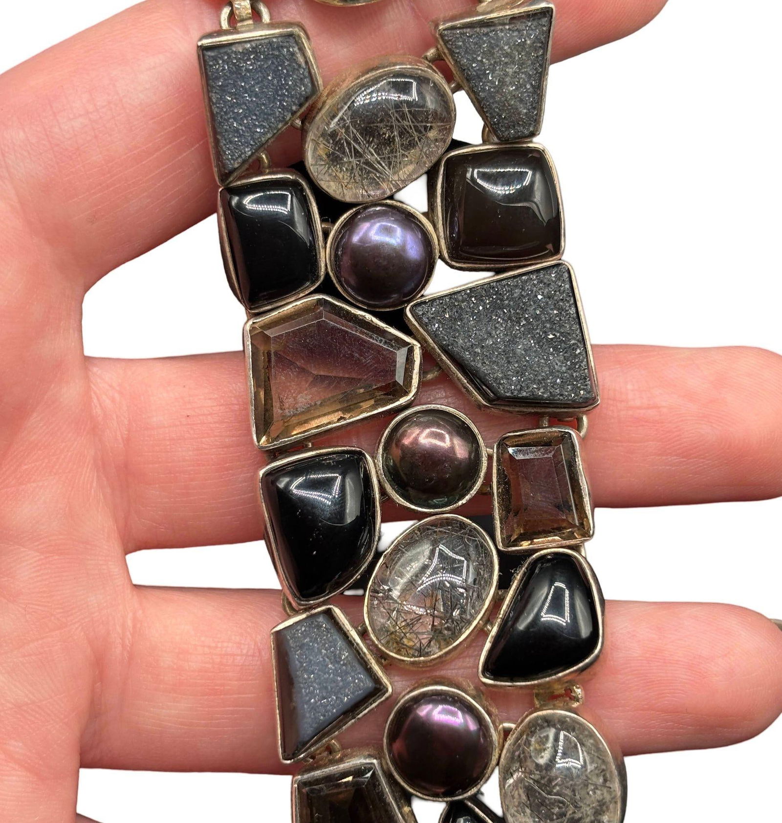 Organic Design Sterling Silver Mosaic Bracelet w/ Quartz, Ametrine, & Onyx - 13