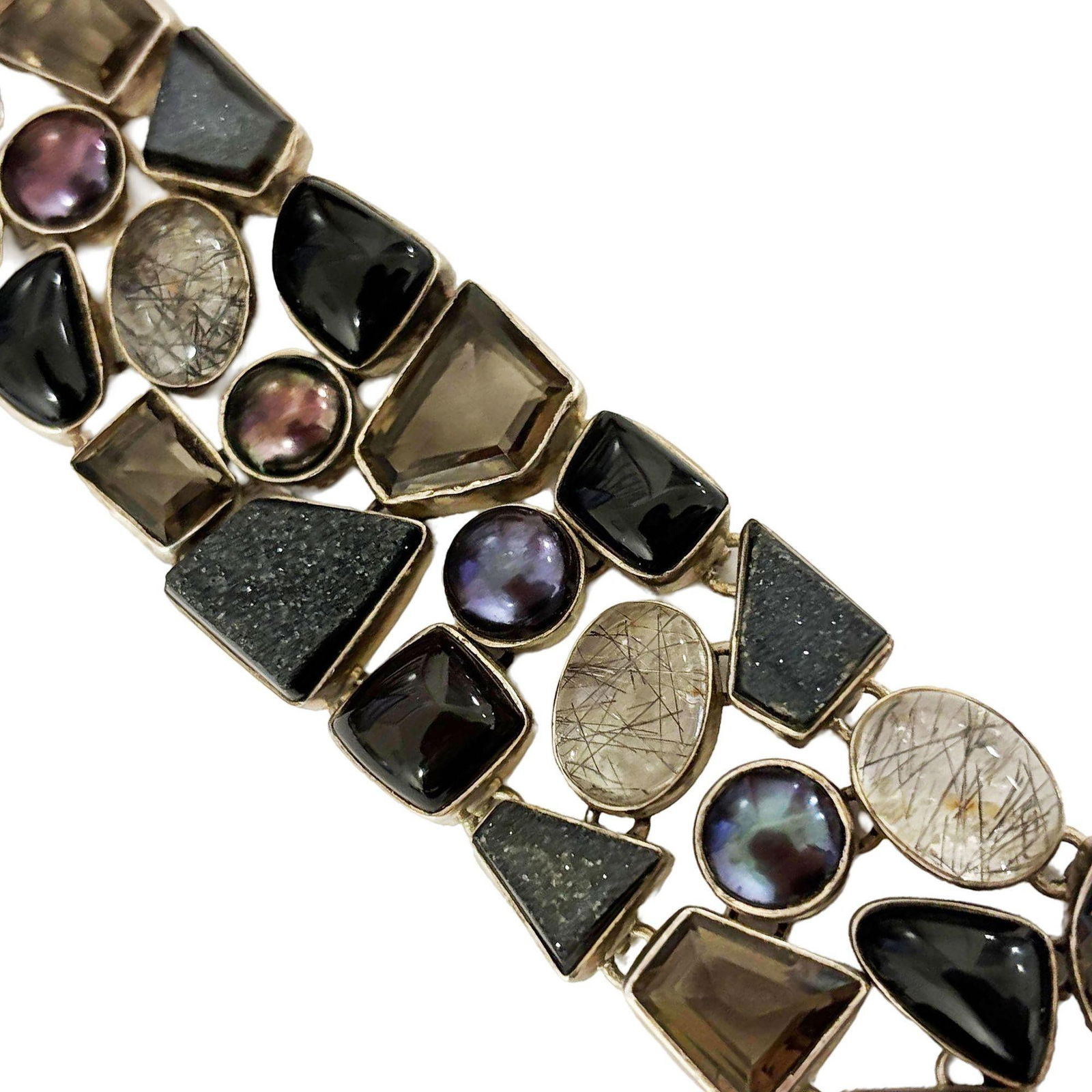 Organic Design Sterling Silver Mosaic Bracelet w/ Quartz, Ametrine, & Onyx - 4