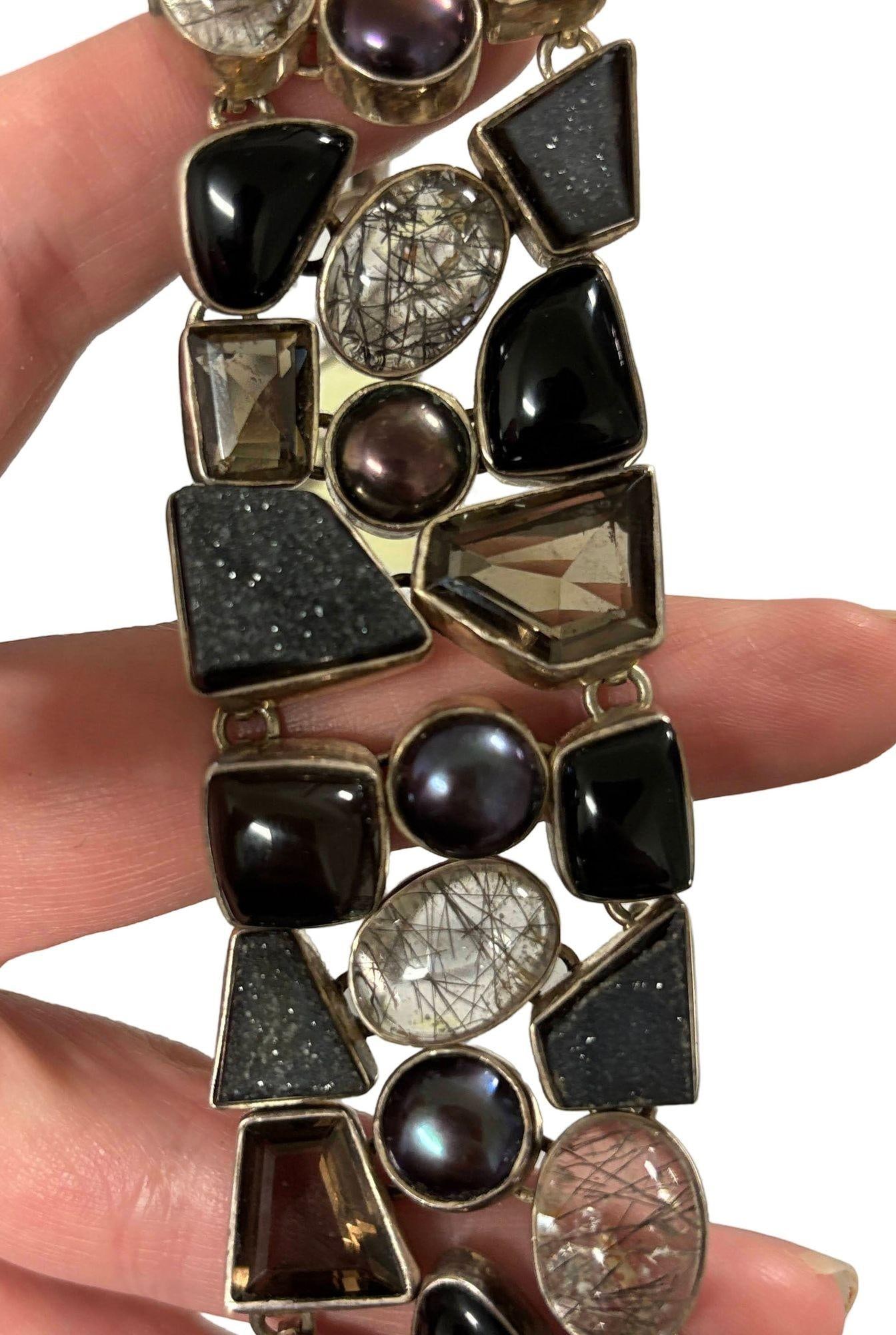 Organic Design Sterling Silver Mosaic Bracelet w/ Quartz, Ametrine, & Onyx - 6