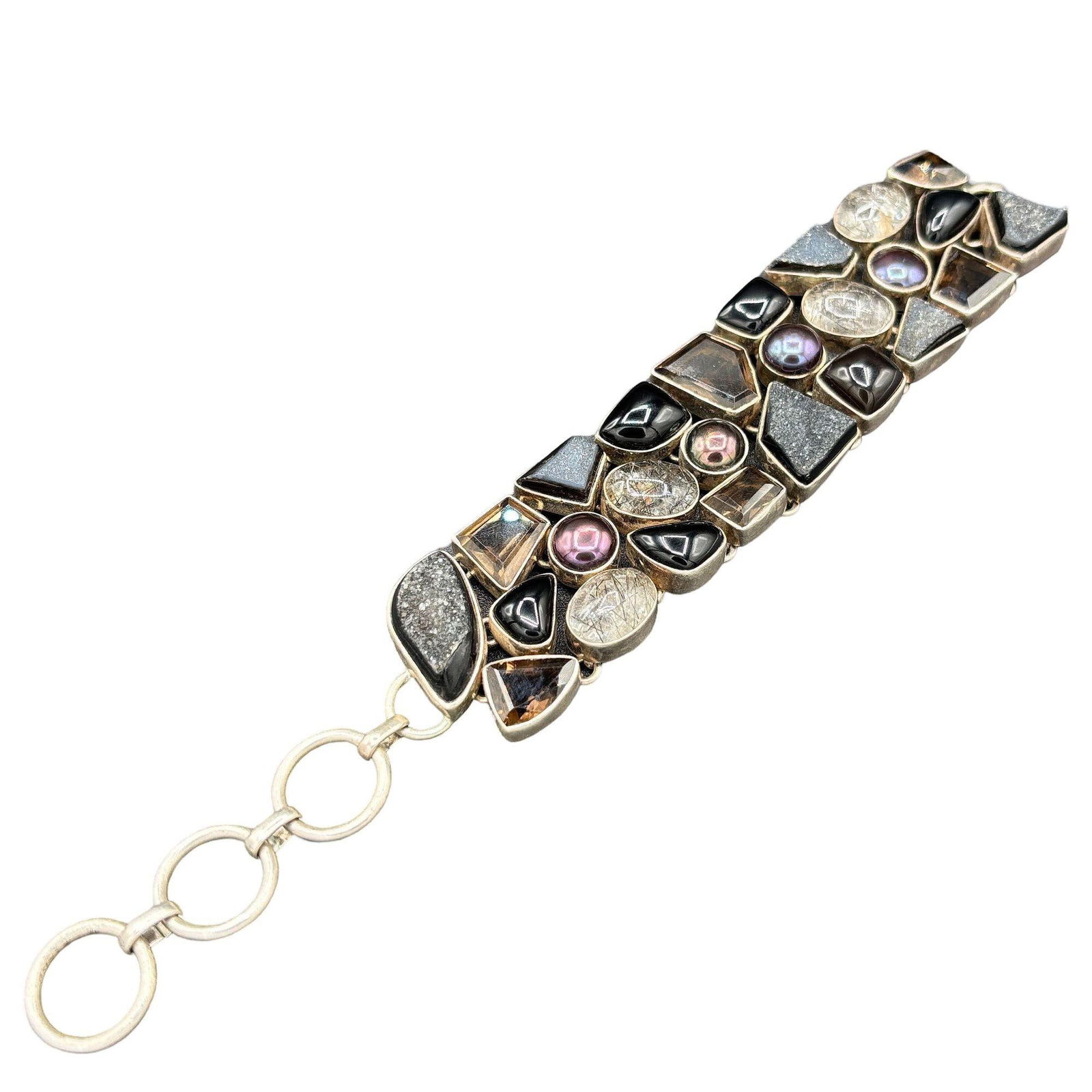 Organic Design Sterling Silver Mosaic Bracelet w/ Quartz, Ametrine, & Onyx - 8