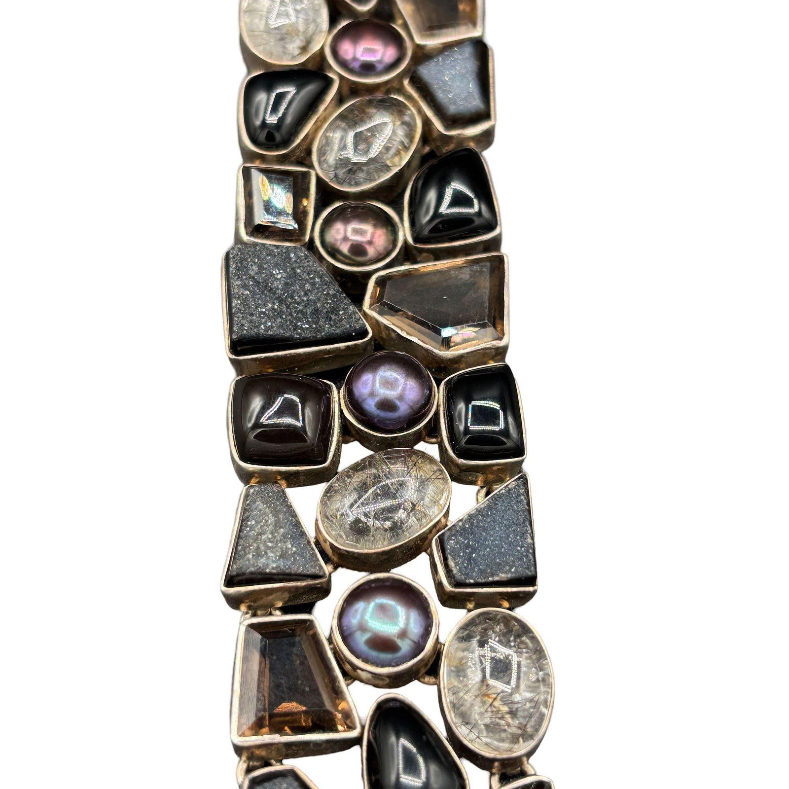 Organic Design Sterling Silver Mosaic Bracelet w/ Quartz, Ametrine, & Onyx - 9