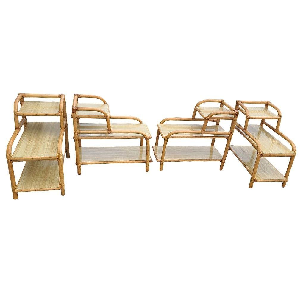 Restored Mid-century 3-Tier Rattan Side Lamp Table Living Room Set of 4 - 9