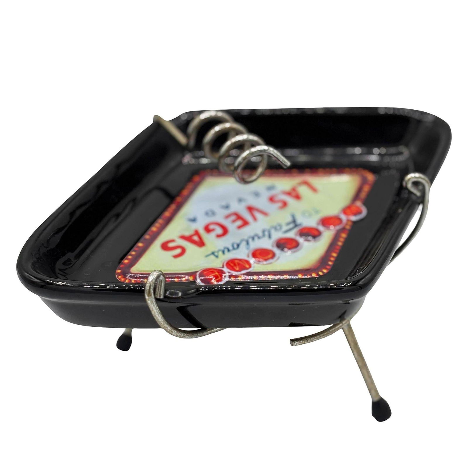 Retro Mid-century Style Black Ceramic Ashtray With Las Vegas Sign & Stand - 11