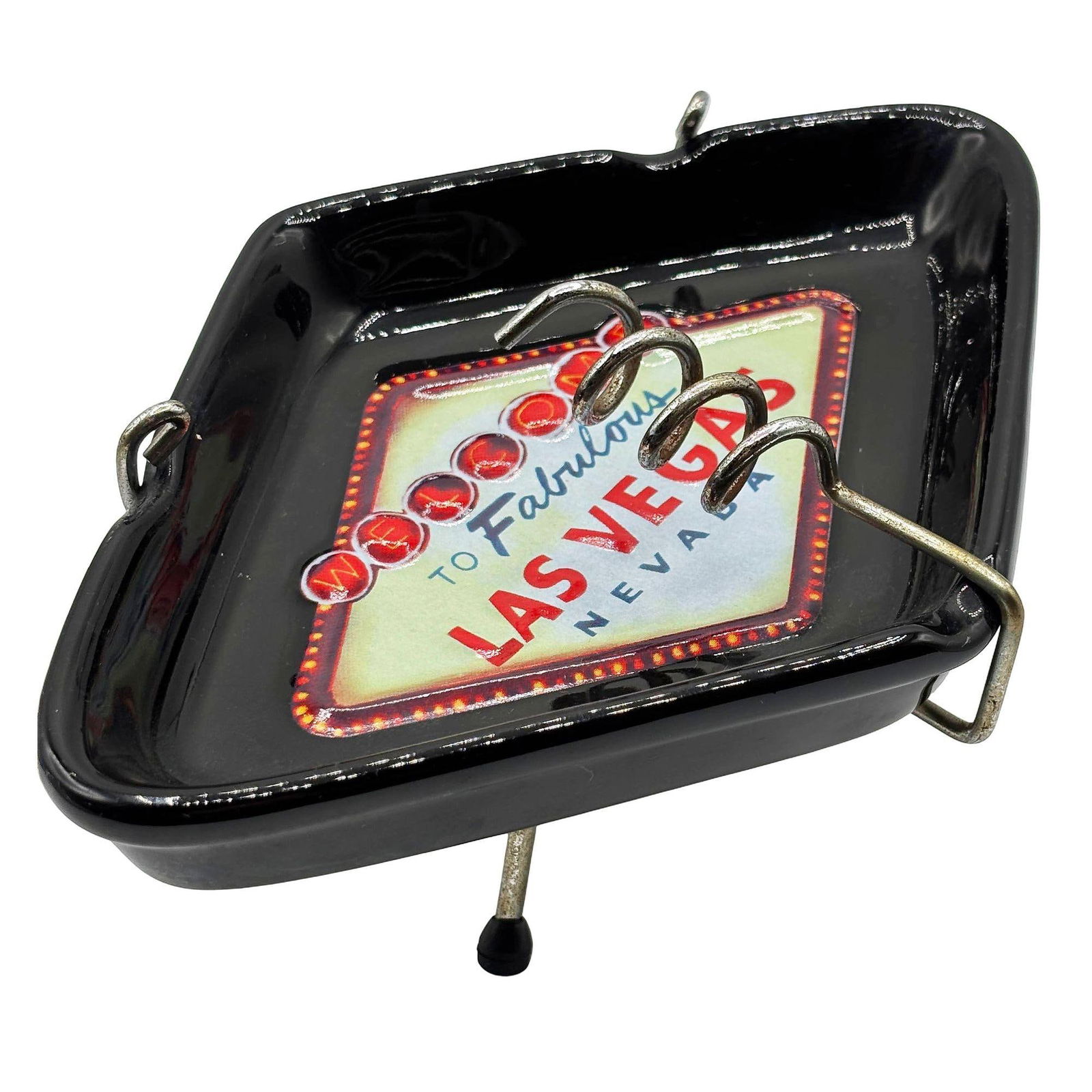 Retro Mid-century Style Black Ceramic Ashtray With Las Vegas Sign & Stand - 14