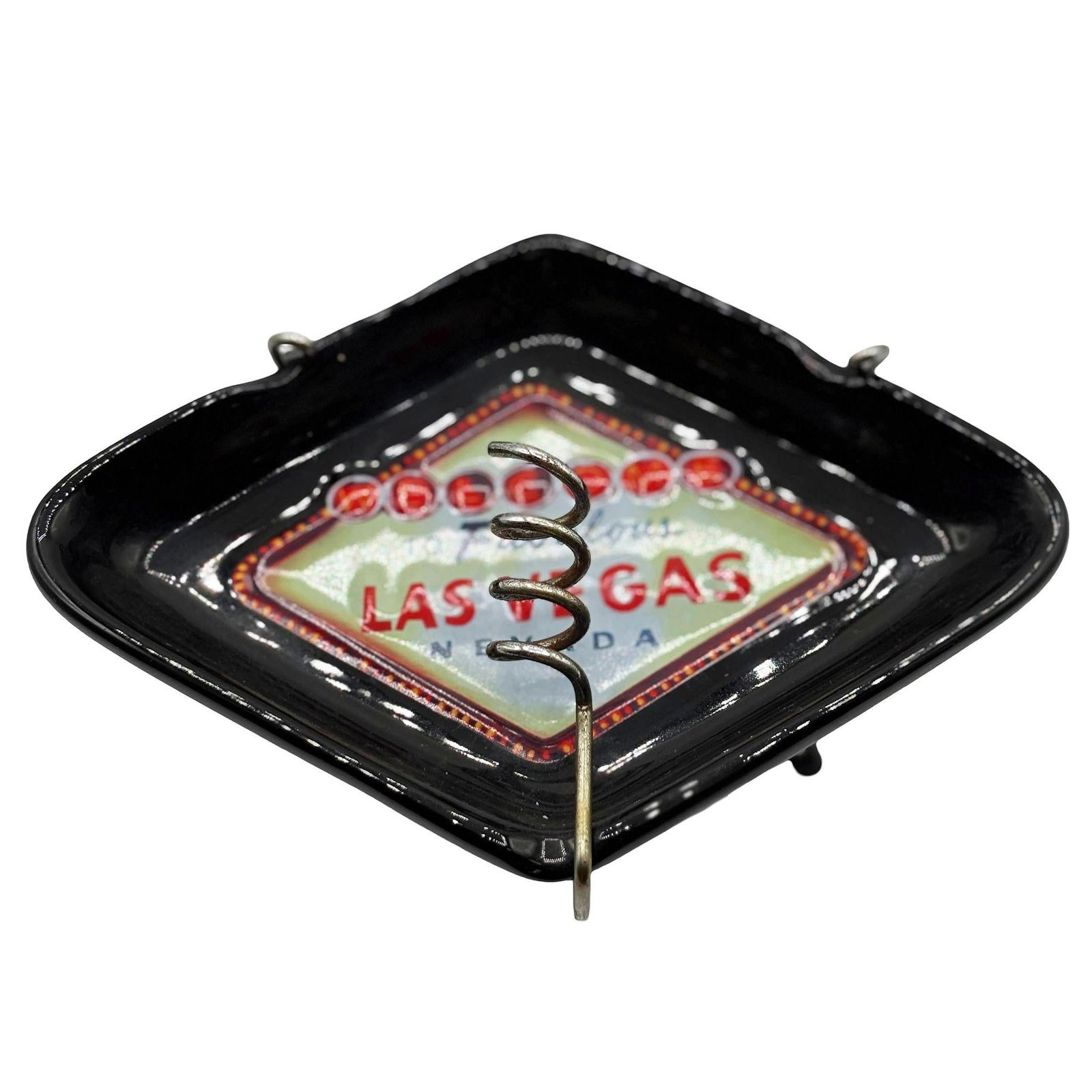 Retro Mid-century Style Black Ceramic Ashtray With Las Vegas Sign & Stand - 3