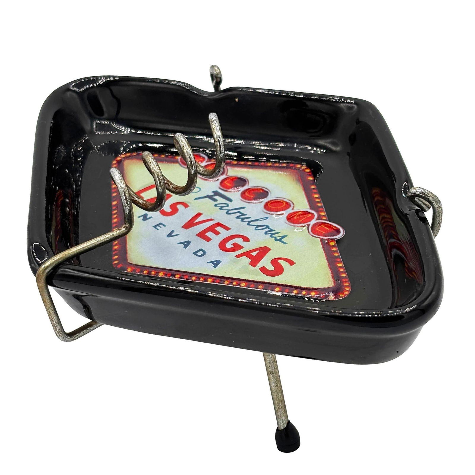 Retro Mid-century Style Black Ceramic Ashtray With Las Vegas Sign & Stand - 4