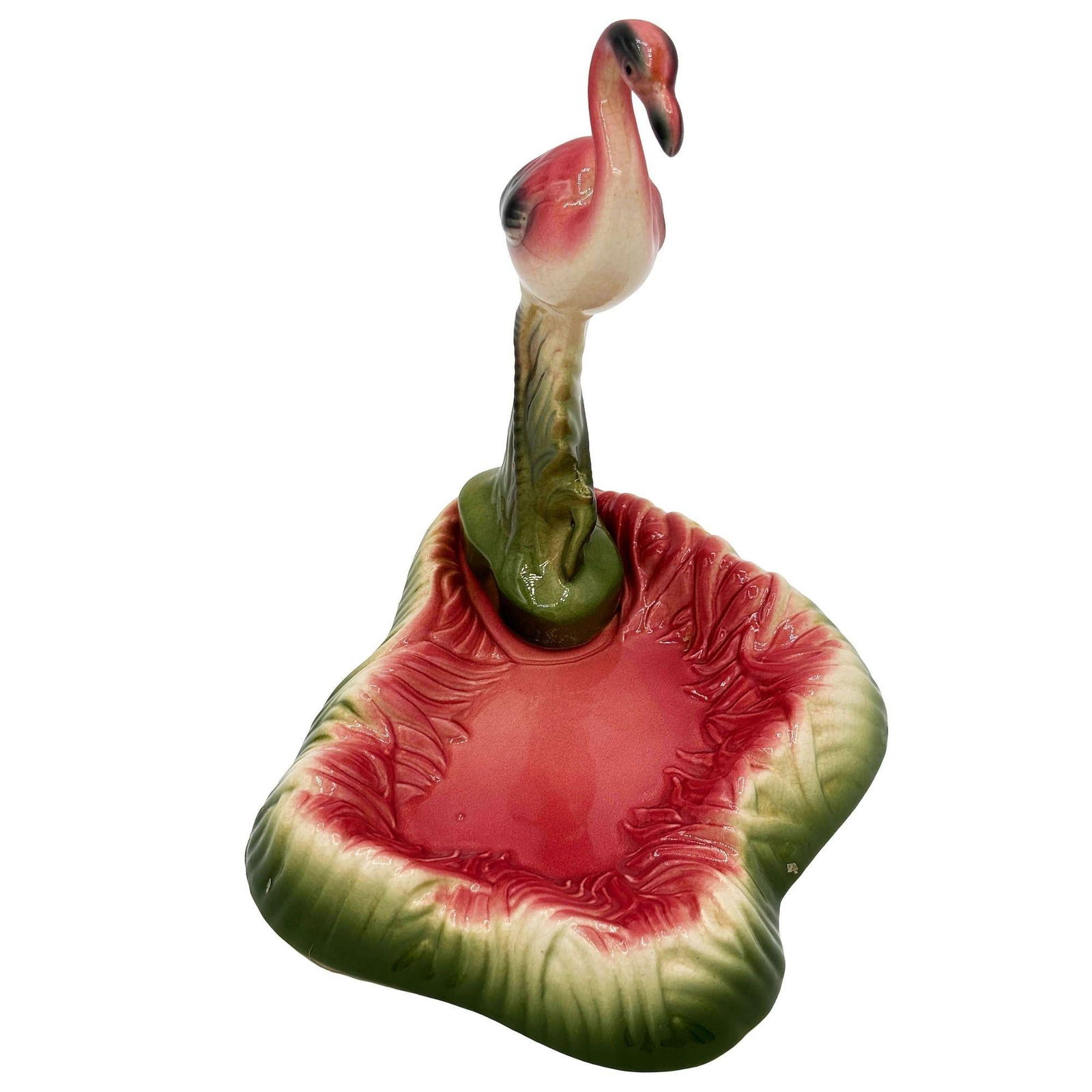 Mid Century Pink and Green Flamingo Ceramic Figurine in Flamingo Pool Ring Tray - 17