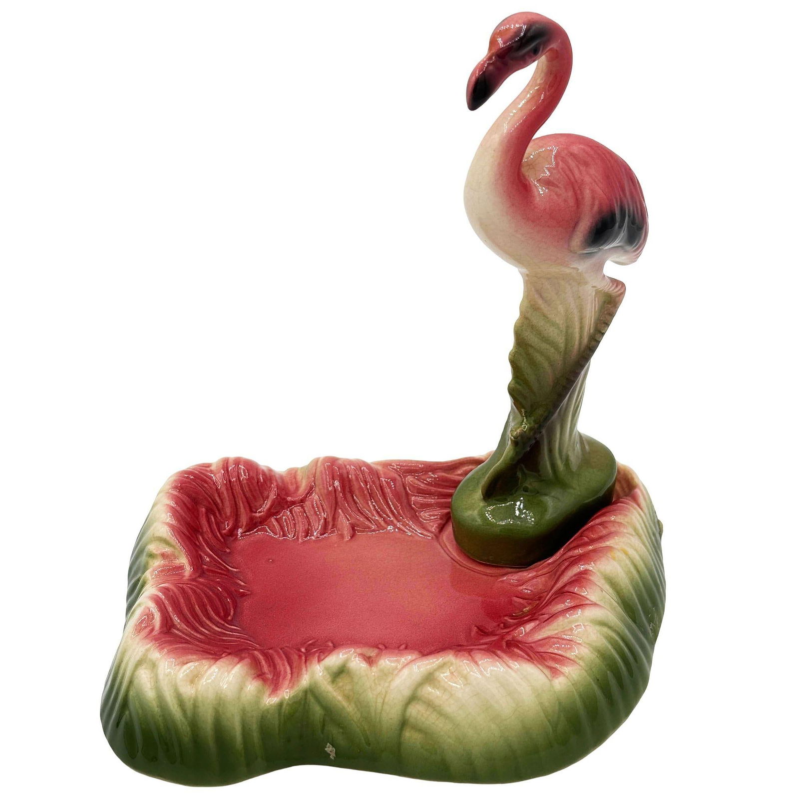 Mid Century Pink and Green Flamingo Ceramic Figurine in Flamingo Pool Ring Tray - 9
