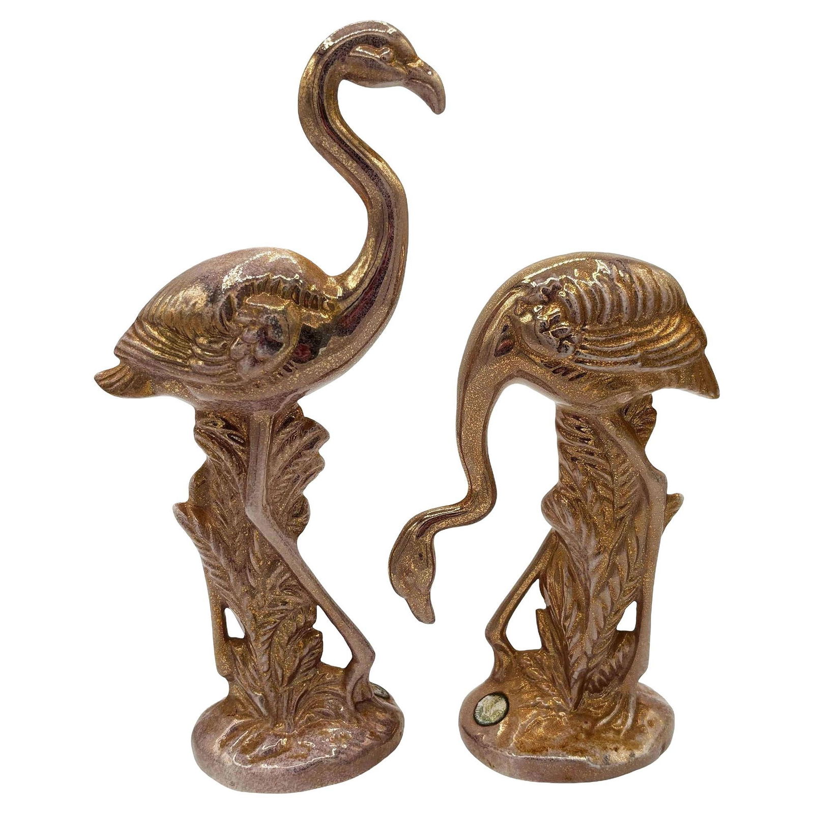 Rare Mid-century Speckled Gold Ceramic Pink Flamingo Statue by McCulloch, Pair - 14