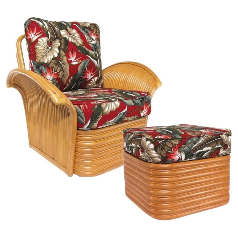 Art Deco Style "Golden Girls" Rattan Fan Arm Lounge Chair w/ Ottoman Set - 14