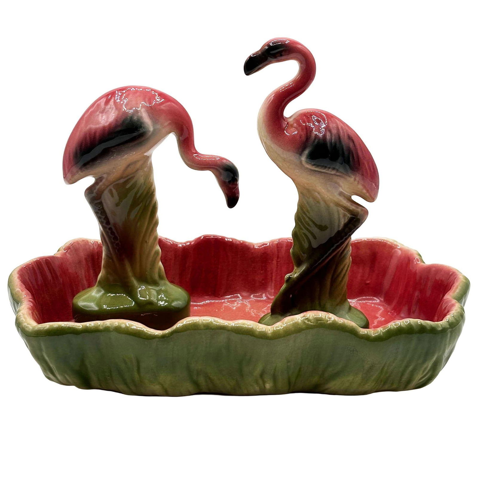 MCM California Pottery Ceramic Flamingo Figurine Set w/ Tropical Pond Tray - 8
