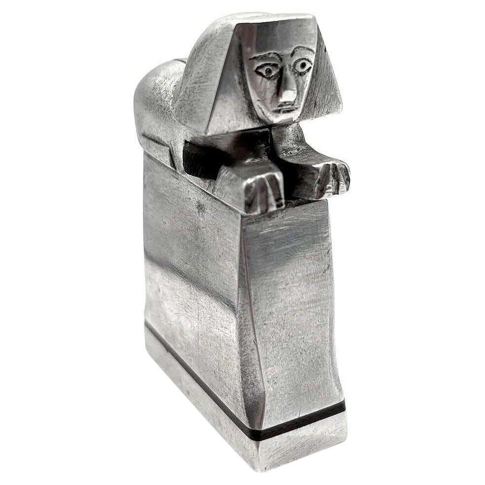 Hand Made Bespoke Silver Art Deco Sphinx Lift Arm Lighter w/ Geometric Inlay - 7