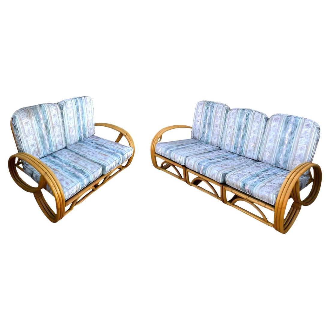 Restored MCM 3-Strand 3/4 Pretzel Arm Rattan Sofa & Settee Living Room Set - 7