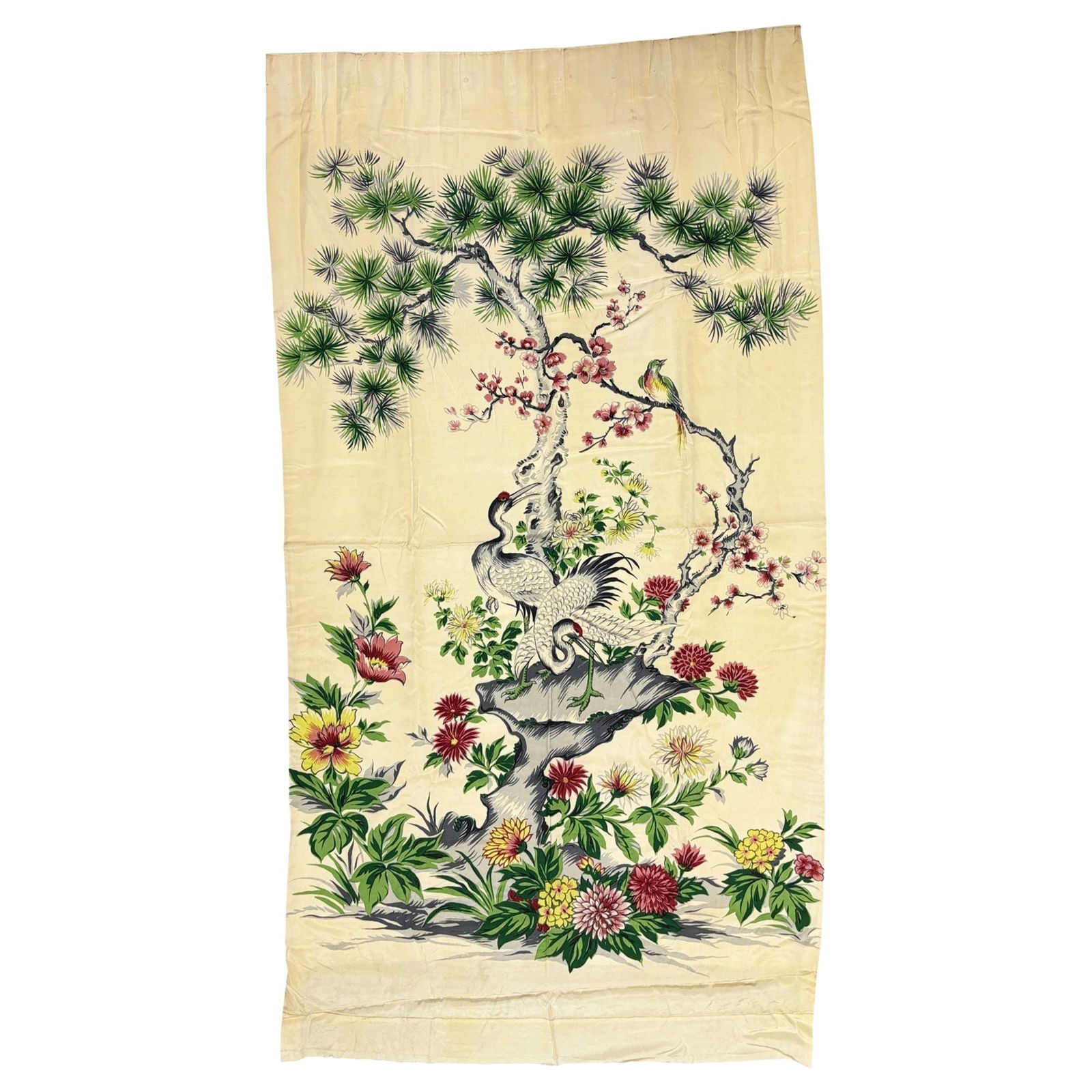 One of a Kind Mid Century Silk Curtain Panel with Cranes, Pine, and Chrysanthemu - 14