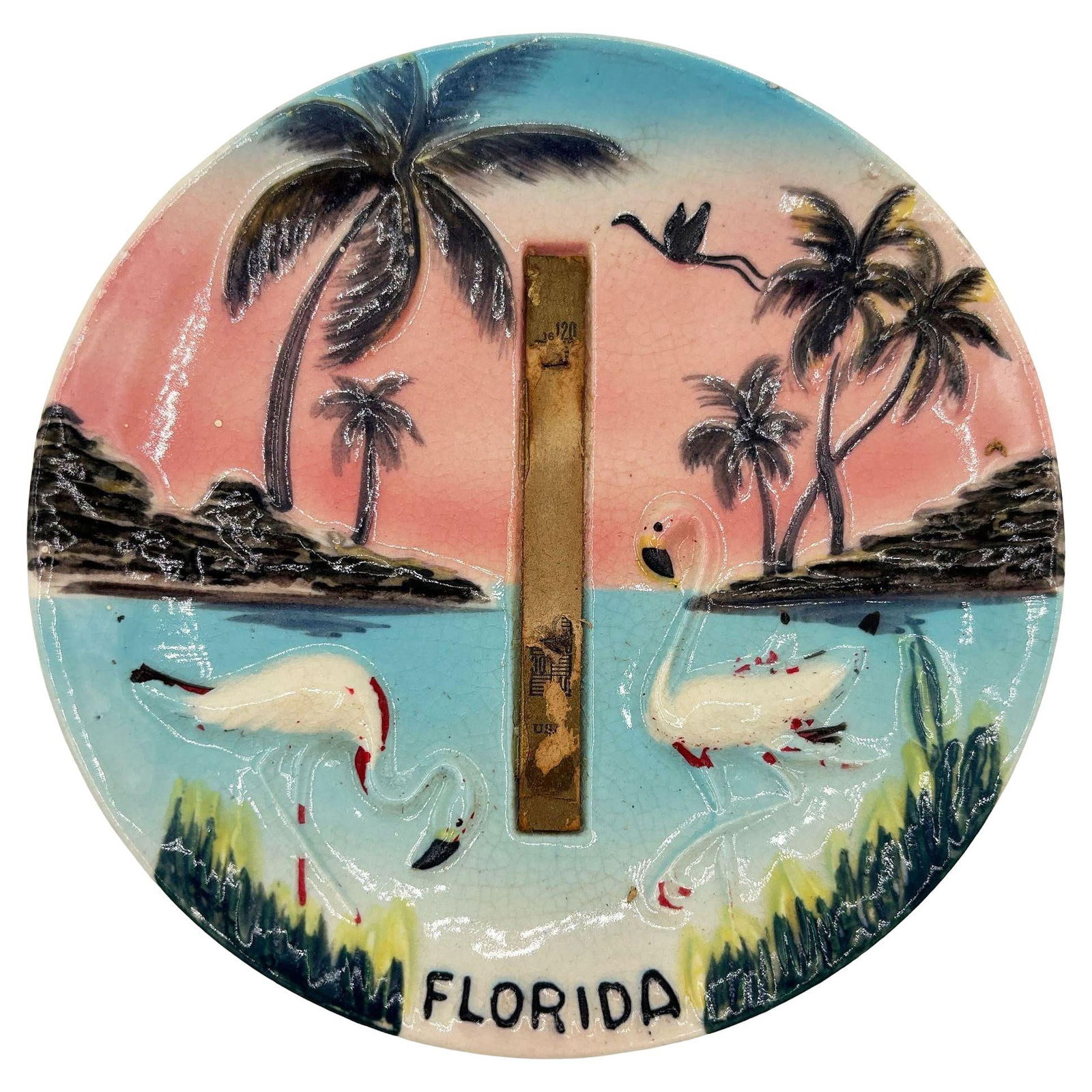 Mid-century Florida Flamingo Round Decrotive 3d Sculptural Wall Plate - 13