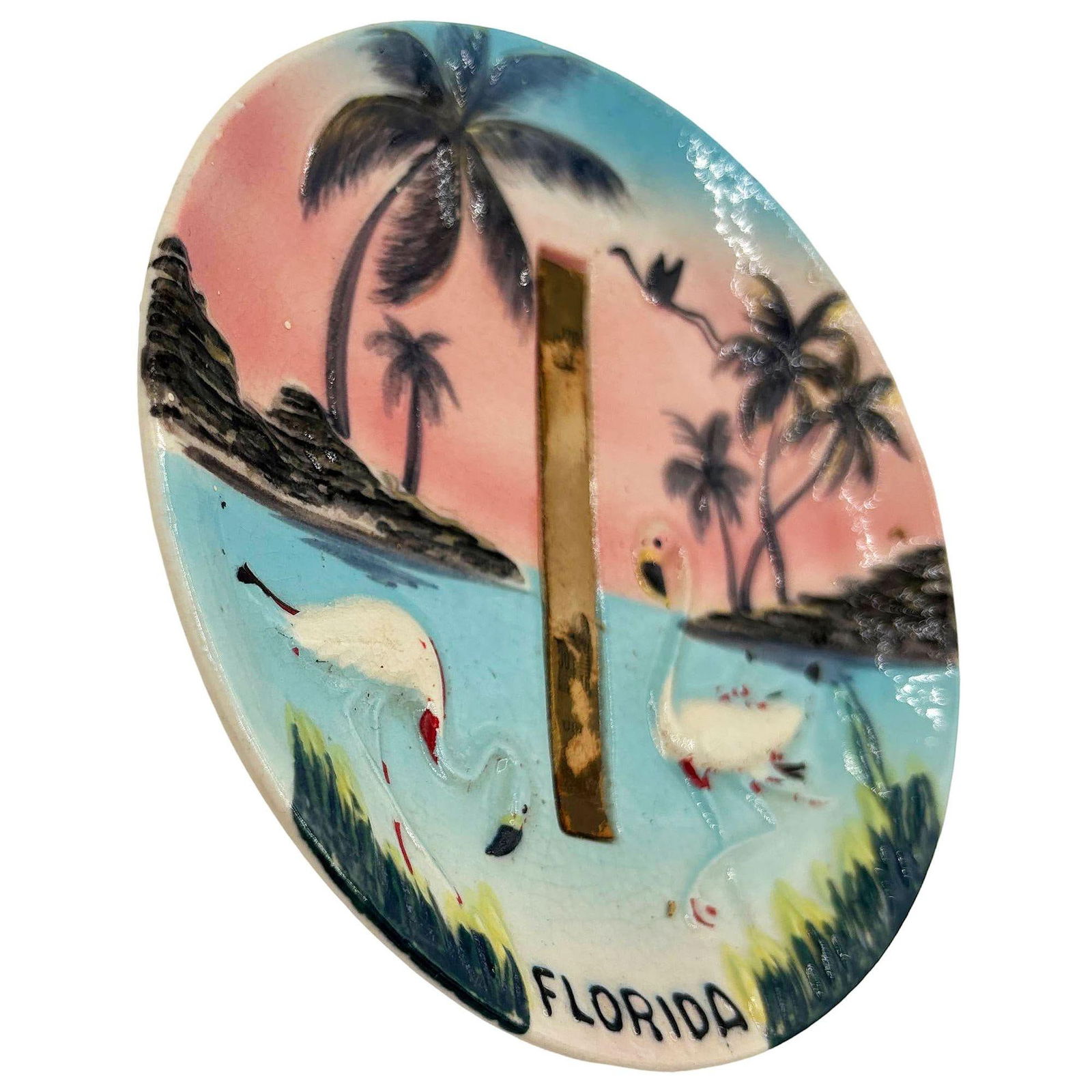 Mid-century Florida Flamingo Round Decrotive 3d Sculptural Wall Plate - 2